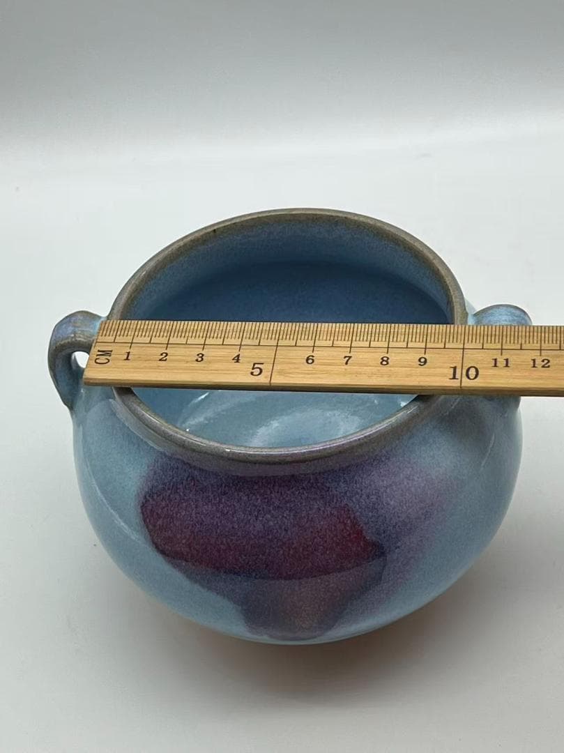 明时代 鈞窯青磁 澱青月白釉紫斑 双糸耳香炉 水丞 【旧家蔵出し】(A-106)