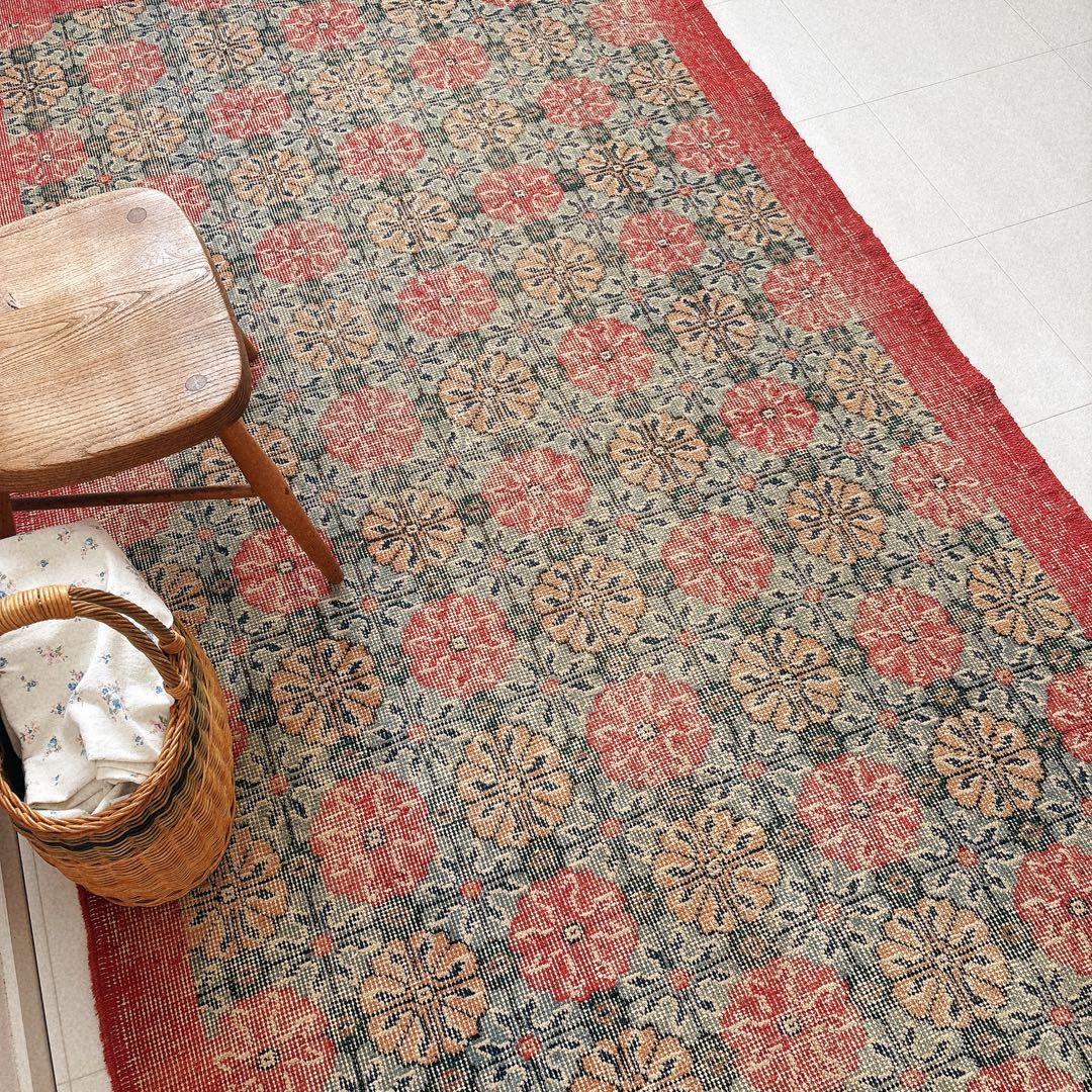 トルコ　ヴィンテージラグ　ピンク　グリーン