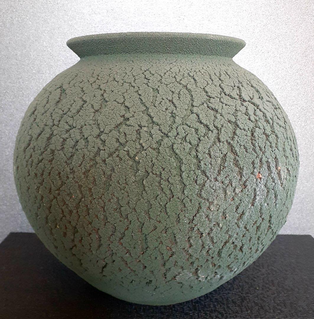 益子焼　【河原建雄】作　松皮紋　苔釉　大壺　花入れ　花瓶　共箱　陶歴書　オブジェ