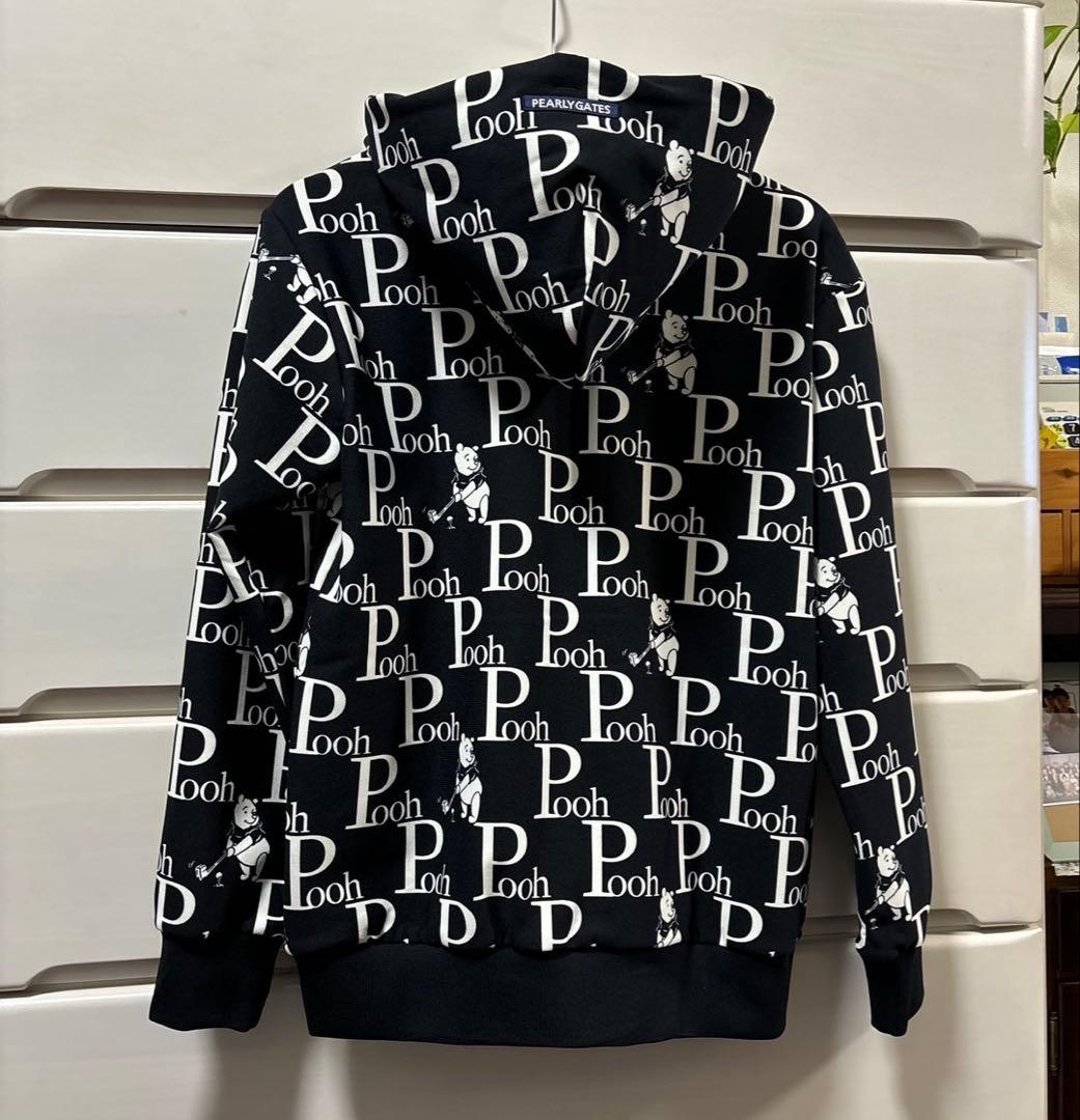 パーリーゲイツPGプーさんロゴプリント裏起毛パーカーブラックサイズ1