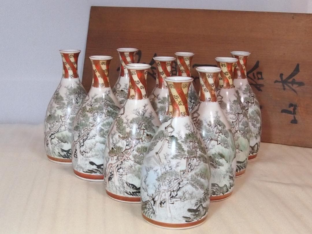 【骨董・良品】明治期 九谷焼 於九谷/久香堂 大徳利 10客 山水鶴松図 酒器