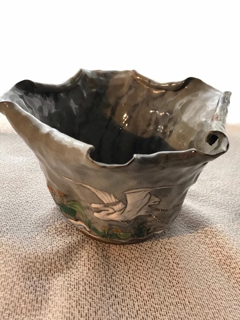 万古焼　蓮葉形丼　鴫図器　共箱　明治