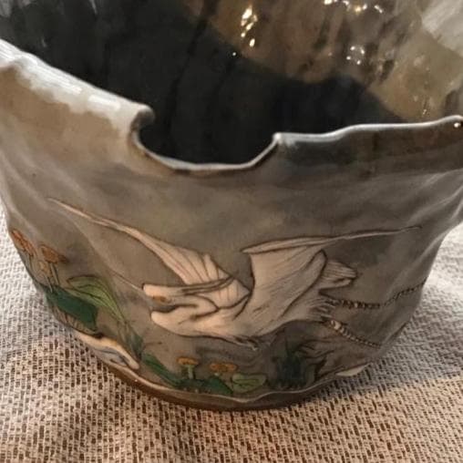 万古焼　蓮葉形丼　鴫図器　共箱　明治