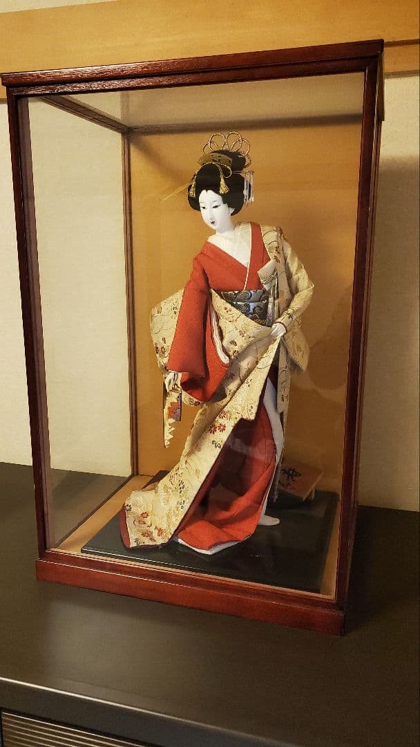 日本人形 舞妓 芸者 伝統工芸品 松寿 絹の着物 扇子 高さ50cm