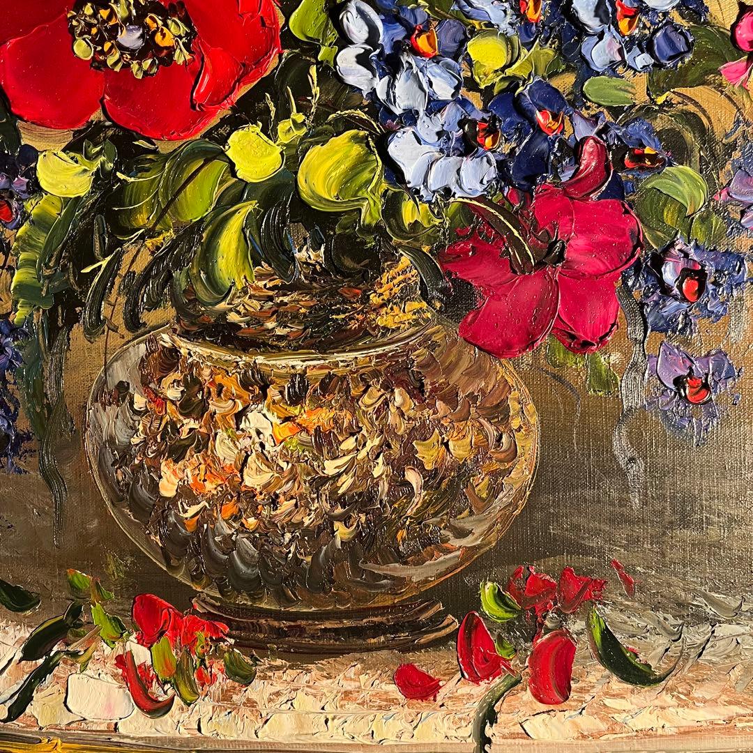 ★特大秀作★ 手書き油絵 花瓶の花 額付き 絵画 インテリア油彩画