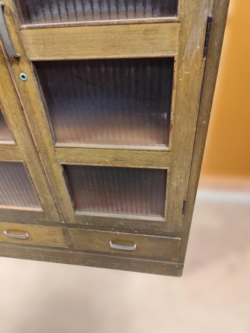 訳あり 昭和レトロ キャビネット モールガラス 収納棚 本棚 修復あり