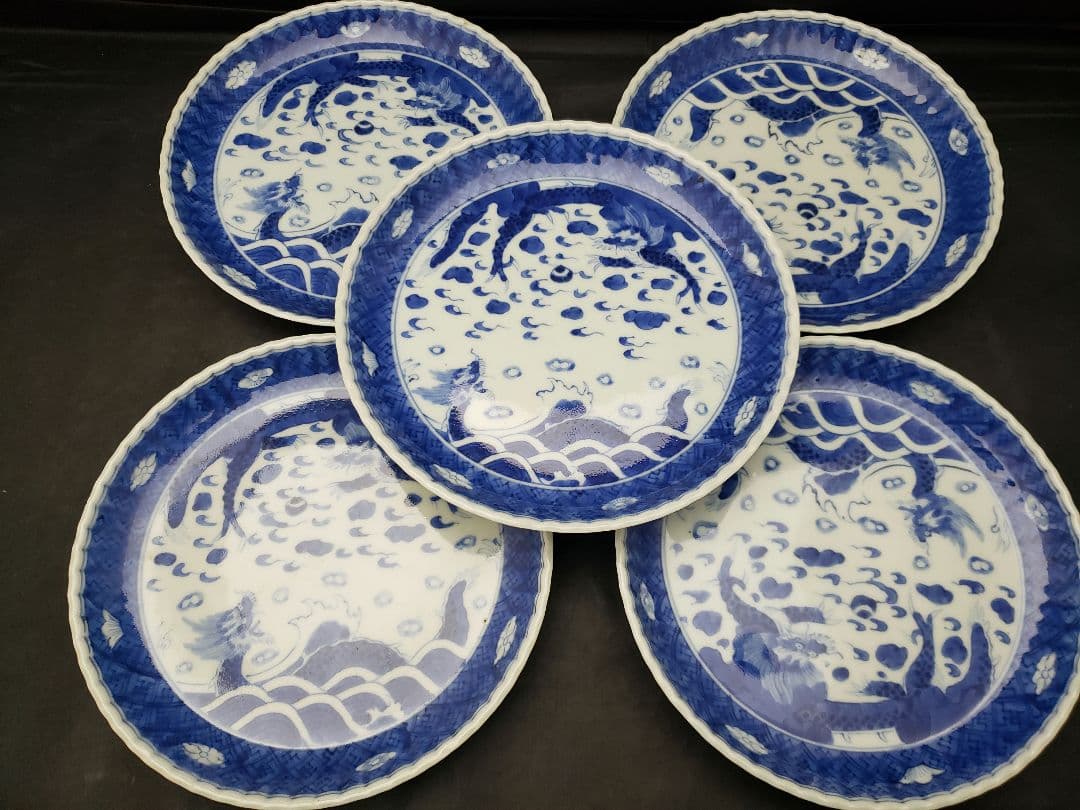 古伊万里　染付　雲龍文　六寸皿　5枚　成化年製　骨董品