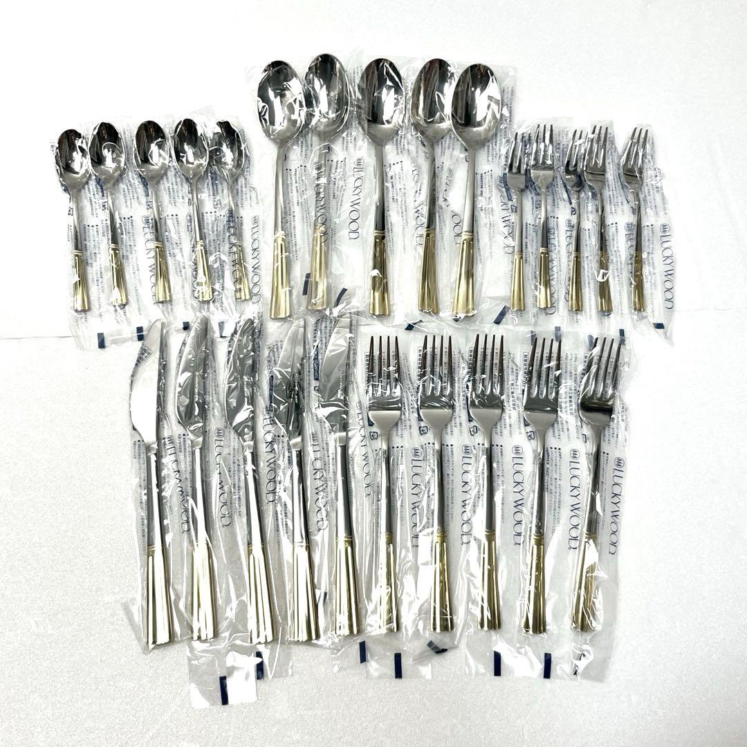 ◼︎新品◼︎【ラッキーウッド】カトラリーディナーセット　金彩　25本　18-8