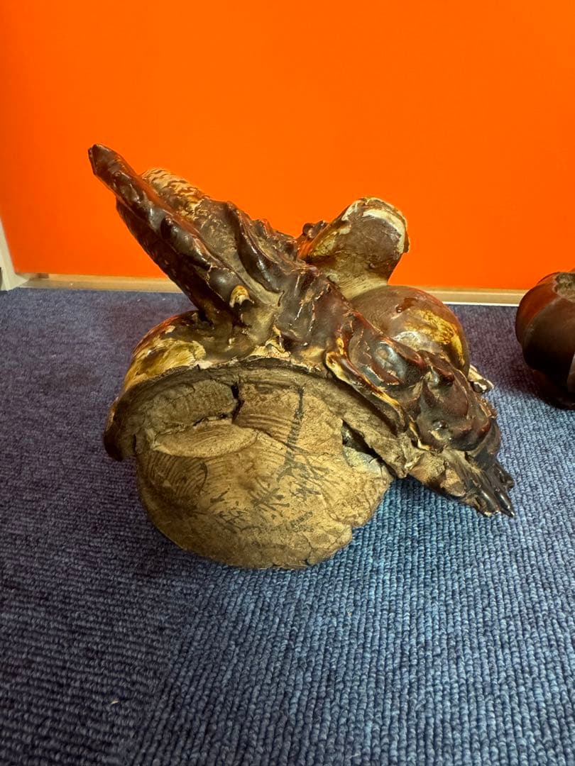 1814  激レア　初代唐津焼　龍型花瓶　花台付き　置物　時代物