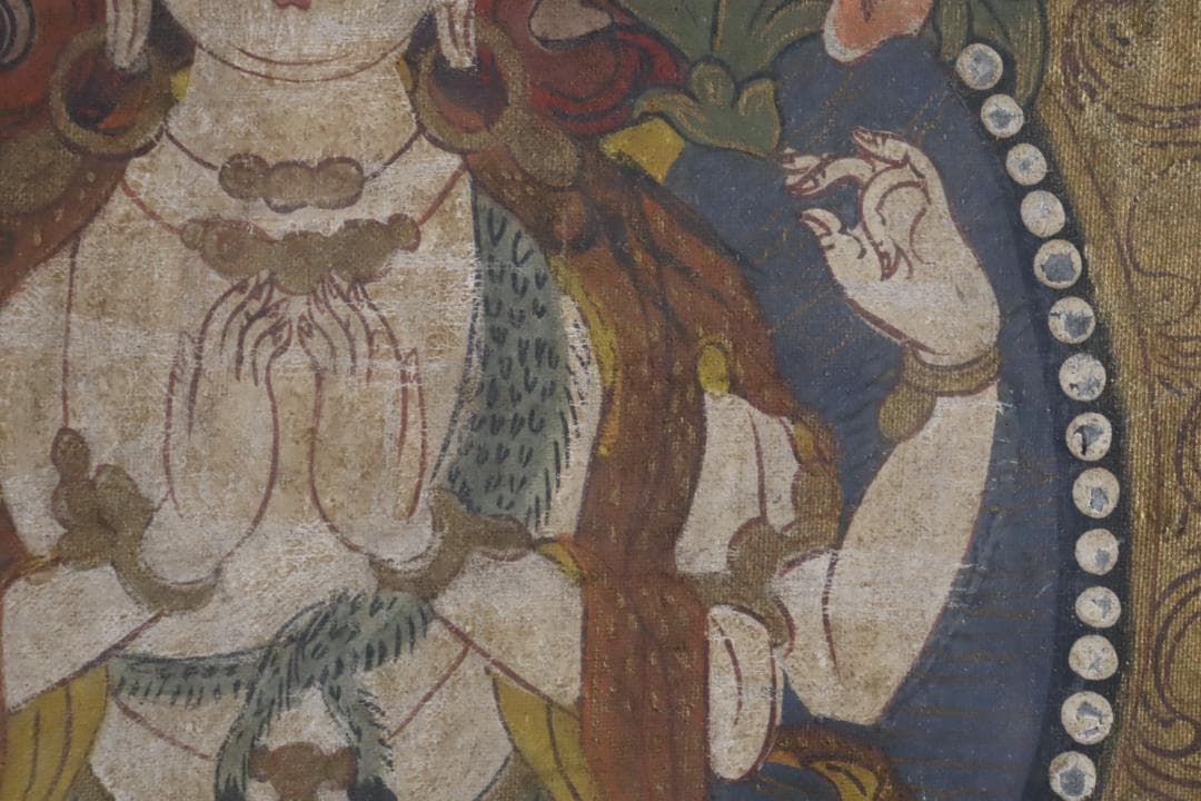 仏教美術 チベットタンカ 四臂観音像 絹本彩色 肉筆 仏画 タンカ 額装