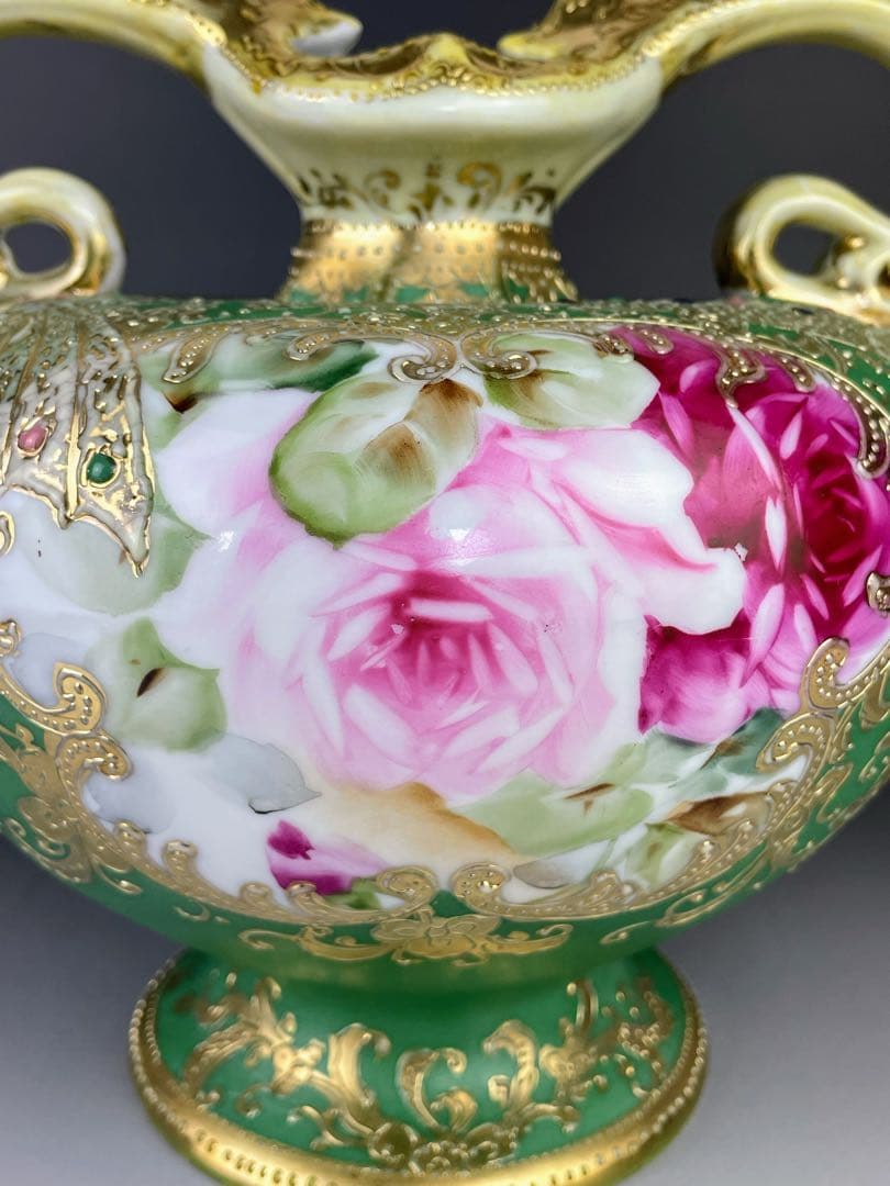 【美品】オールドノリタケ ジュエル 翠地金盛り蝶 薔薇紋花瓶 ジュール エナメル