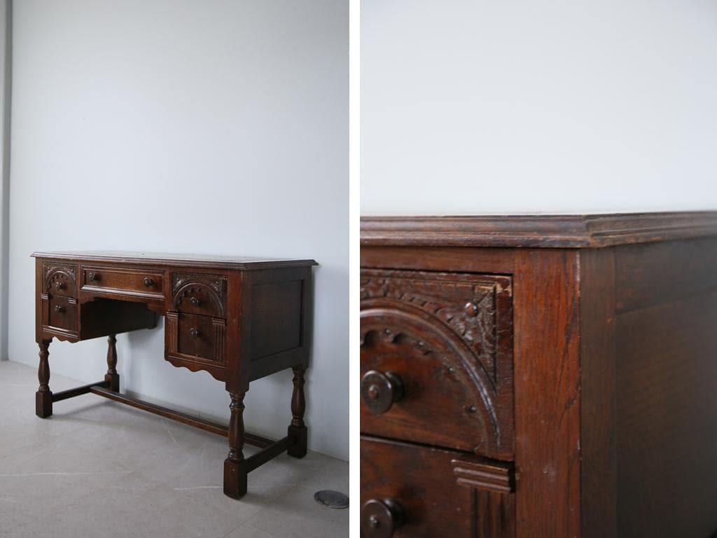 英国アンティーク木製デスク/勉強机/テーブル/飾り棚/オフィス事務(91-57)