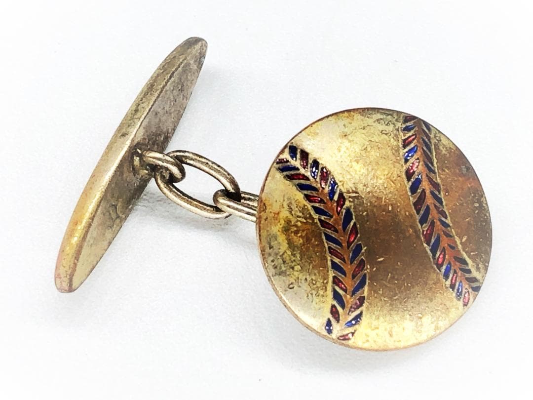 【 明治～大正 チェーンカフス対 】　野球ボール　銅地銀鍍金　エナメル象嵌