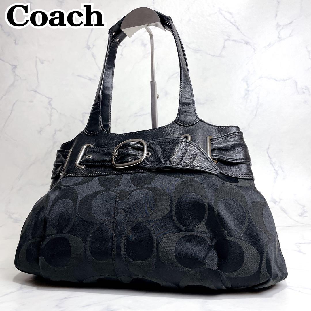 COACH ハンドバッグ シグネチャー キャンバス レザー ショルダー ブラック