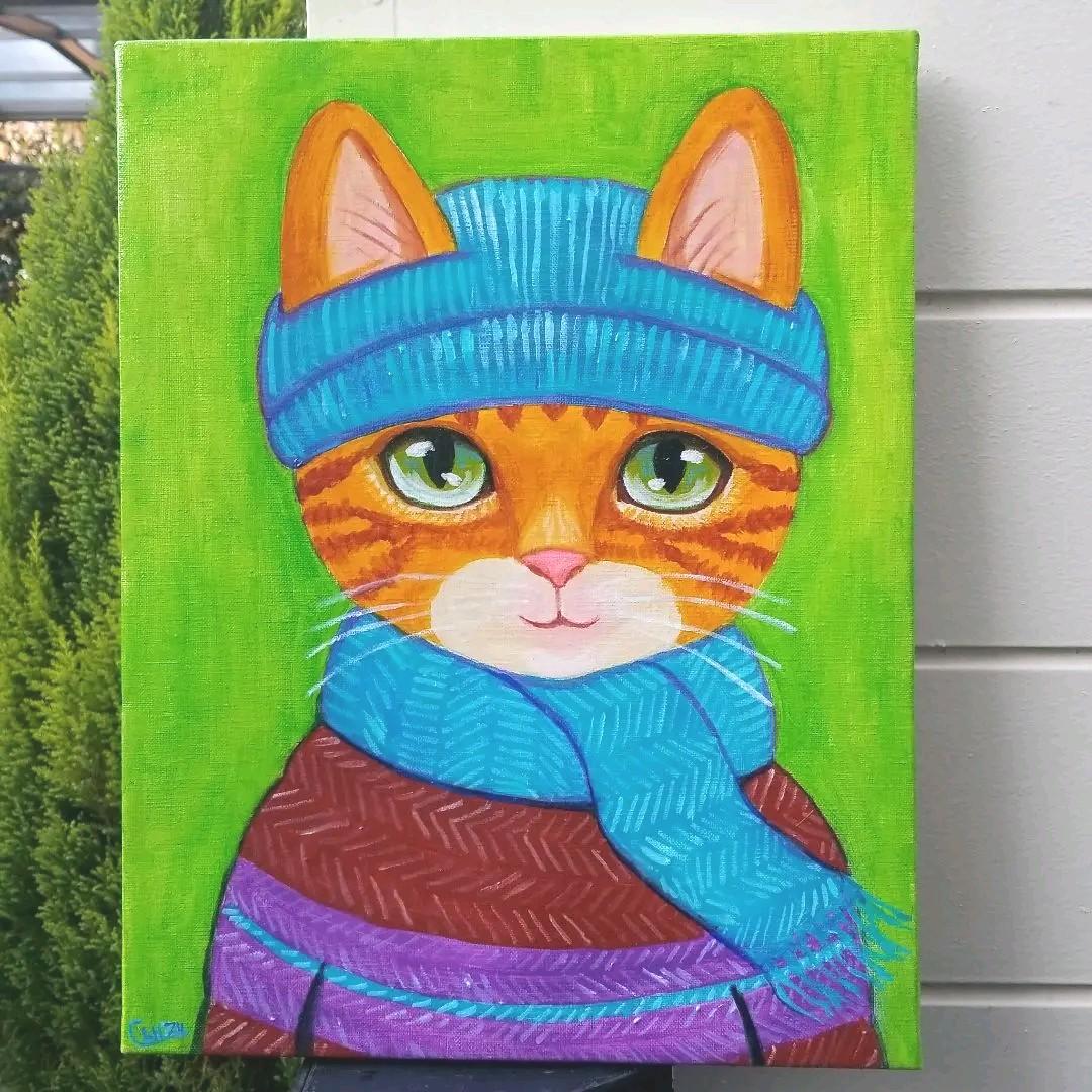 油絵　専用　ニットが大好きな猫　2