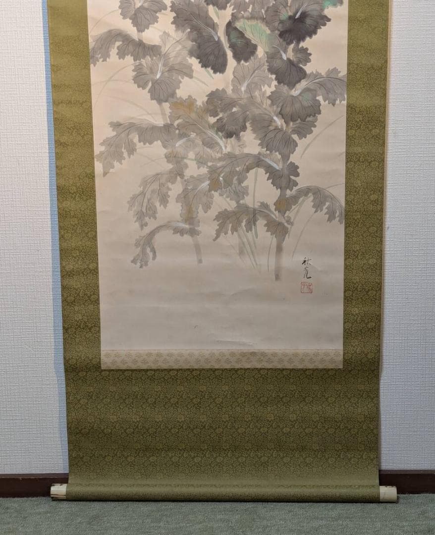 【真作】掛軸　芥子図　赤白けし彩色画　美麗静謐の一幅　合箱入　T78