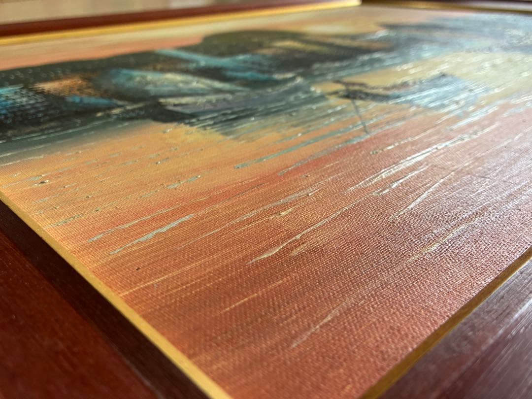 油絵 額装 帆船と港町の夕景 風景画 サインあり 大判