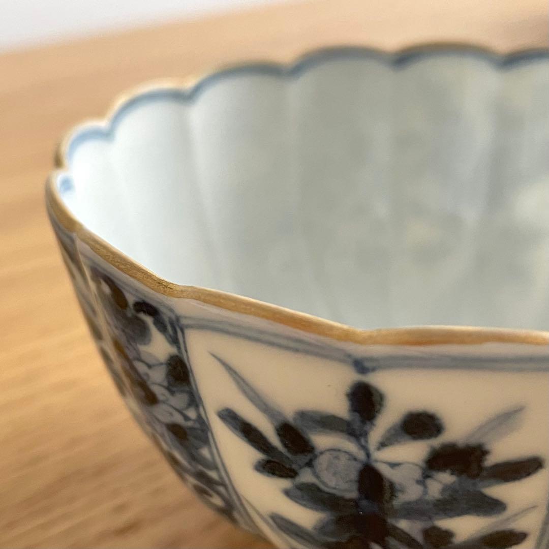 山本長左 藍九谷 菊型珈琲碗皿 樹花文 カップ＆ソーサー 染付 宮内庁御用達