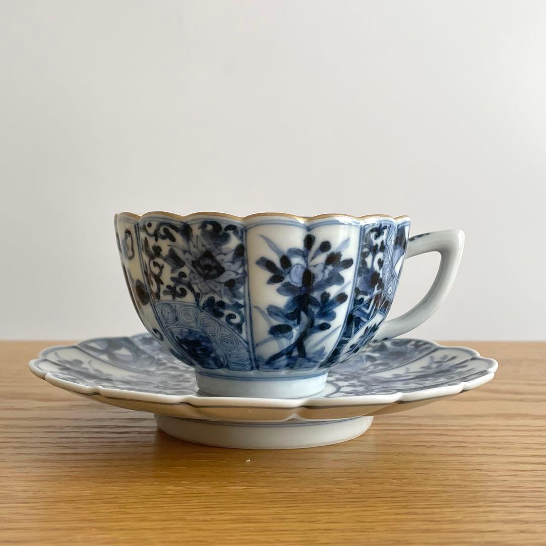 山本長左 藍九谷 菊型珈琲碗皿 樹花文 カップ＆ソーサー 染付 宮内庁御用達