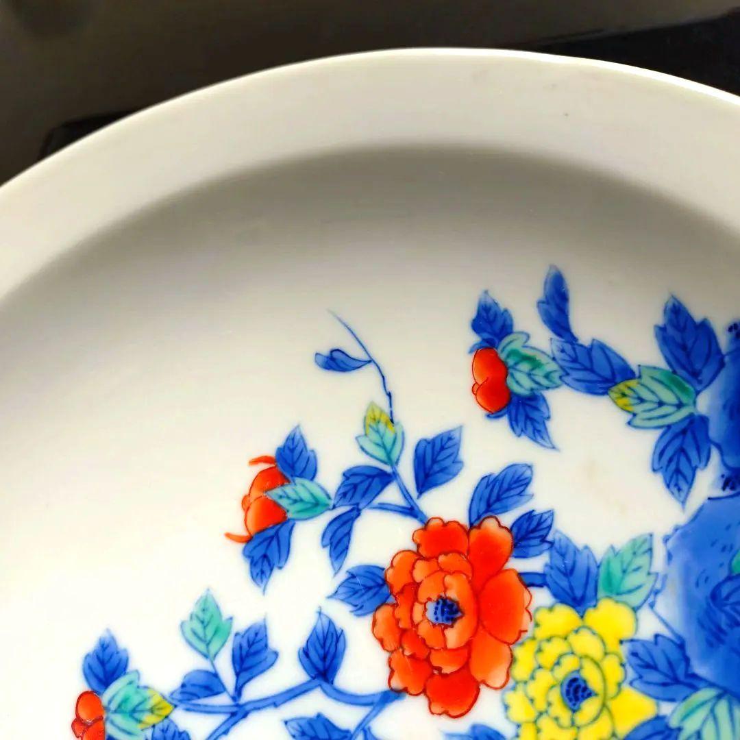 肥前大川内山　鍋島謹製　染錦牡丹画8寸高台　櫛歯文様　色鍋島　菓子器　共箱付き