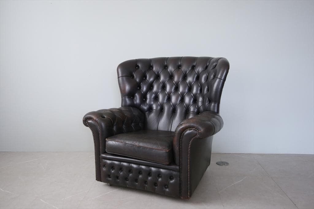英国アンティークチェスターフィールドアームチェア/本革レザーソファー89-186
