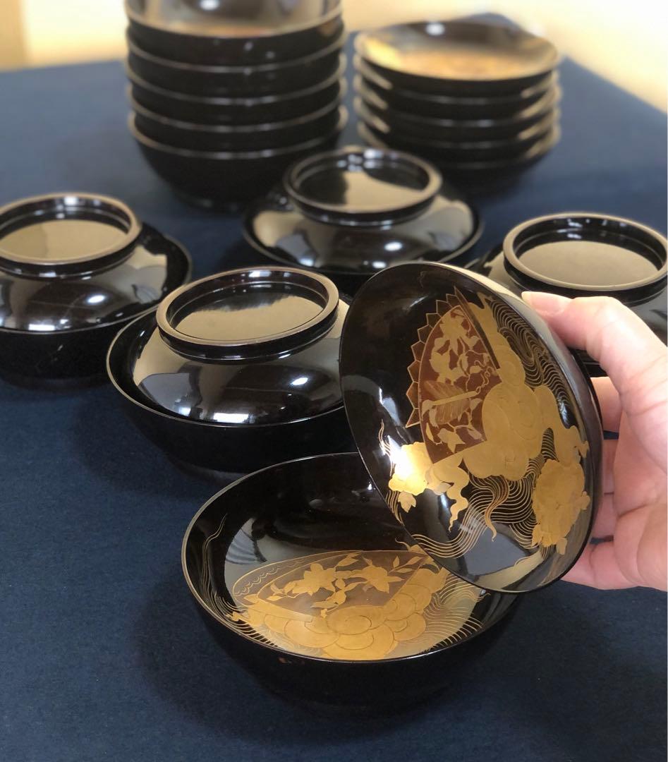 《R》懐石 黒塗内蒔絵 菓子椀10客 木製漆器 明治時代 木箱　260205く5