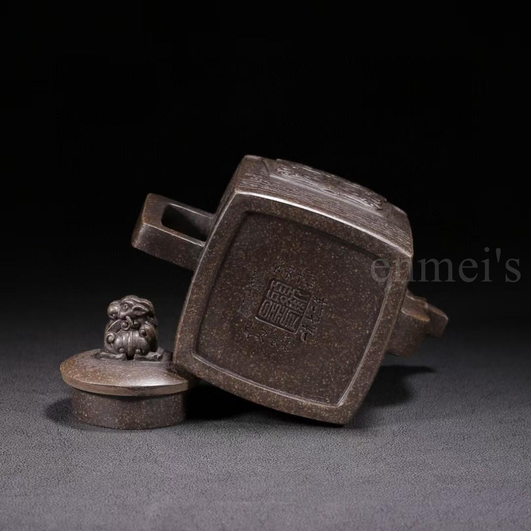 中国古美術・原鉱古銅泥四方獅頂紫砂壺・底款：顧景舟・紫砂壺・急須・茶道具・置物