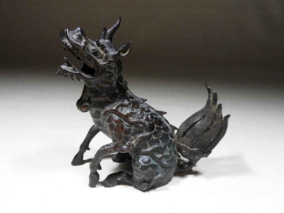 ●貴重 時代物 麒麟銅香炉 神獣 瑞獣 古銅 斑紫銅色 唐金 高さ16.5cm