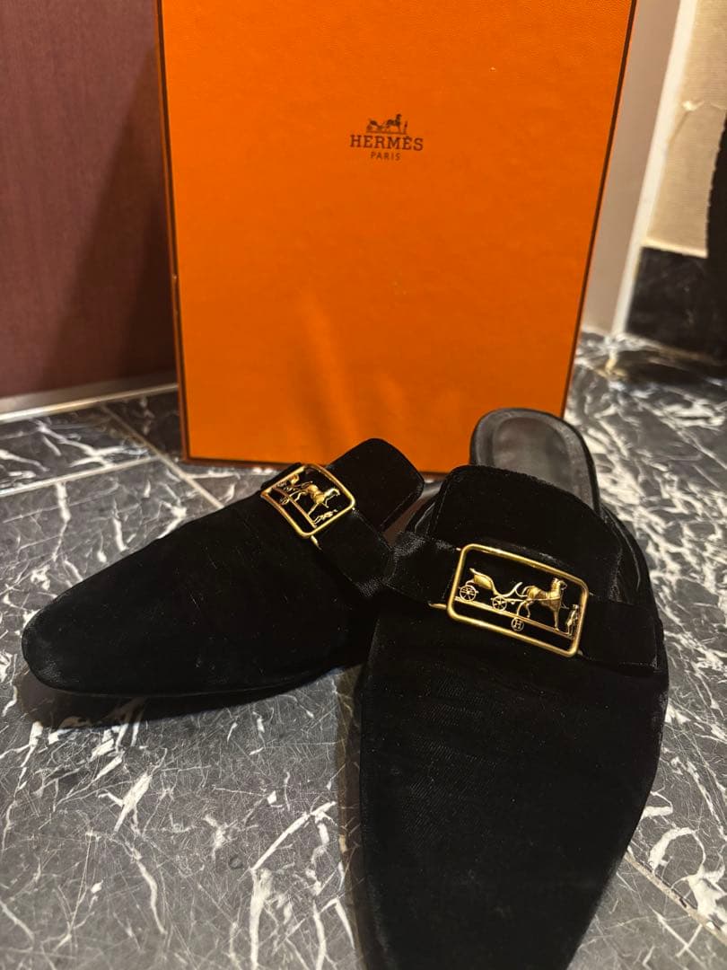 HERMES ブラック スエード ミュール　38