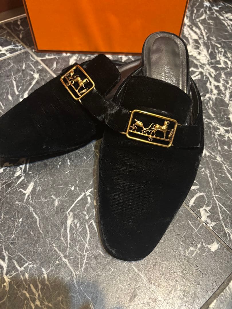 HERMES ブラック スエード ミュール　38