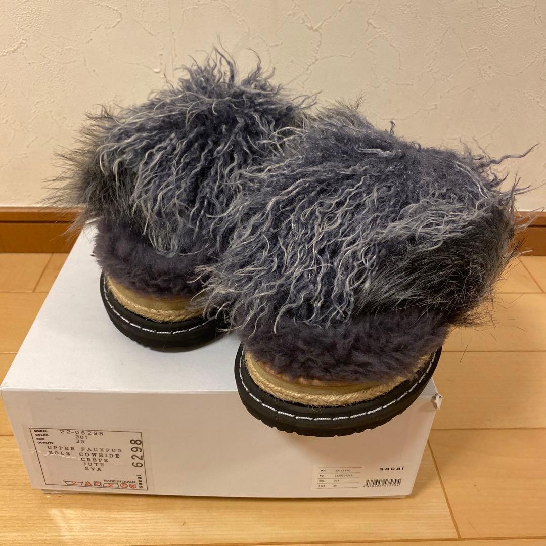 sacai ファー　サンダル　39 グレー　ブラック