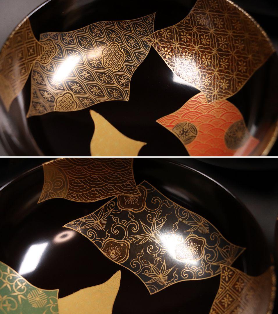 天然木漆塗 小紋伝統柄 蒔絵椀 五客 木箱入 黒塗 木製漆器 汁椀【CL65】