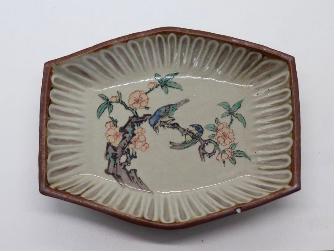 江戸　九谷焼菱型小皿5点　花鳥紋　送料込み0211