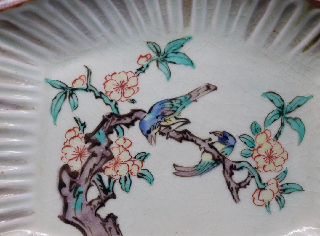 江戸　九谷焼菱型小皿5点　花鳥紋　送料込み0211