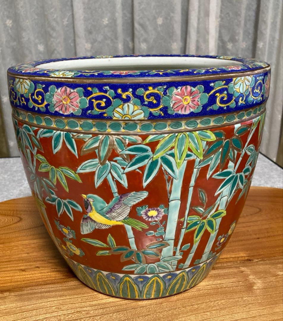 火鉢　赤絵火鉢　手火鉢　有田焼　伊万里焼　メダカ鉢　鉢カバー　竹雀　野菊 花鳥画