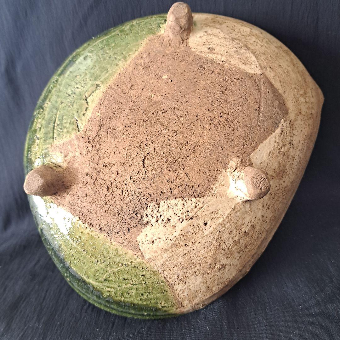 「織部(おりべ)焼 鮑(あわび)皿の用と美」緑釉皿(幅23cm) 骨董アンティー