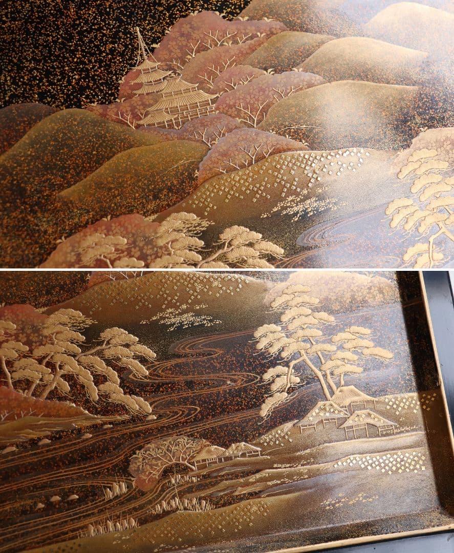 MA322 時代木製漆器 総蒔絵総梨地 花七宝 花の丸蒔絵 五段重 山水 二枚蓋