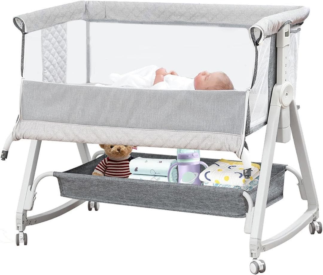 ベビーベッド 添い寝ベッド グレー 乳児用ベッド 多機能 高さ6段階調節可能