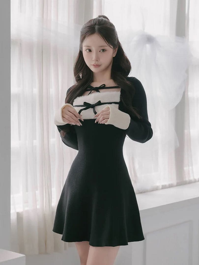 新品タグ付 ダーリッチ リボンファーフレアニットミニワンピース ブラック FL