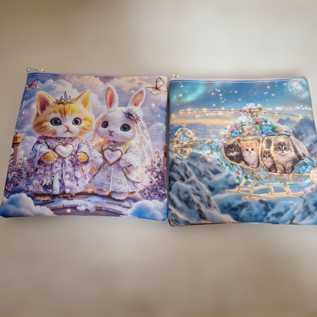 激レアねことうさぎパネル生地　ハンドメイド　ミニバック　フラットポーチ