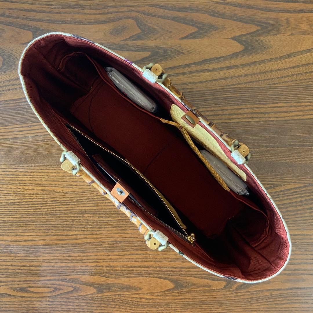 男前な歌舞伎柄の帯　リメイク　バンブーハンドルバッグ　通しマチタイプ