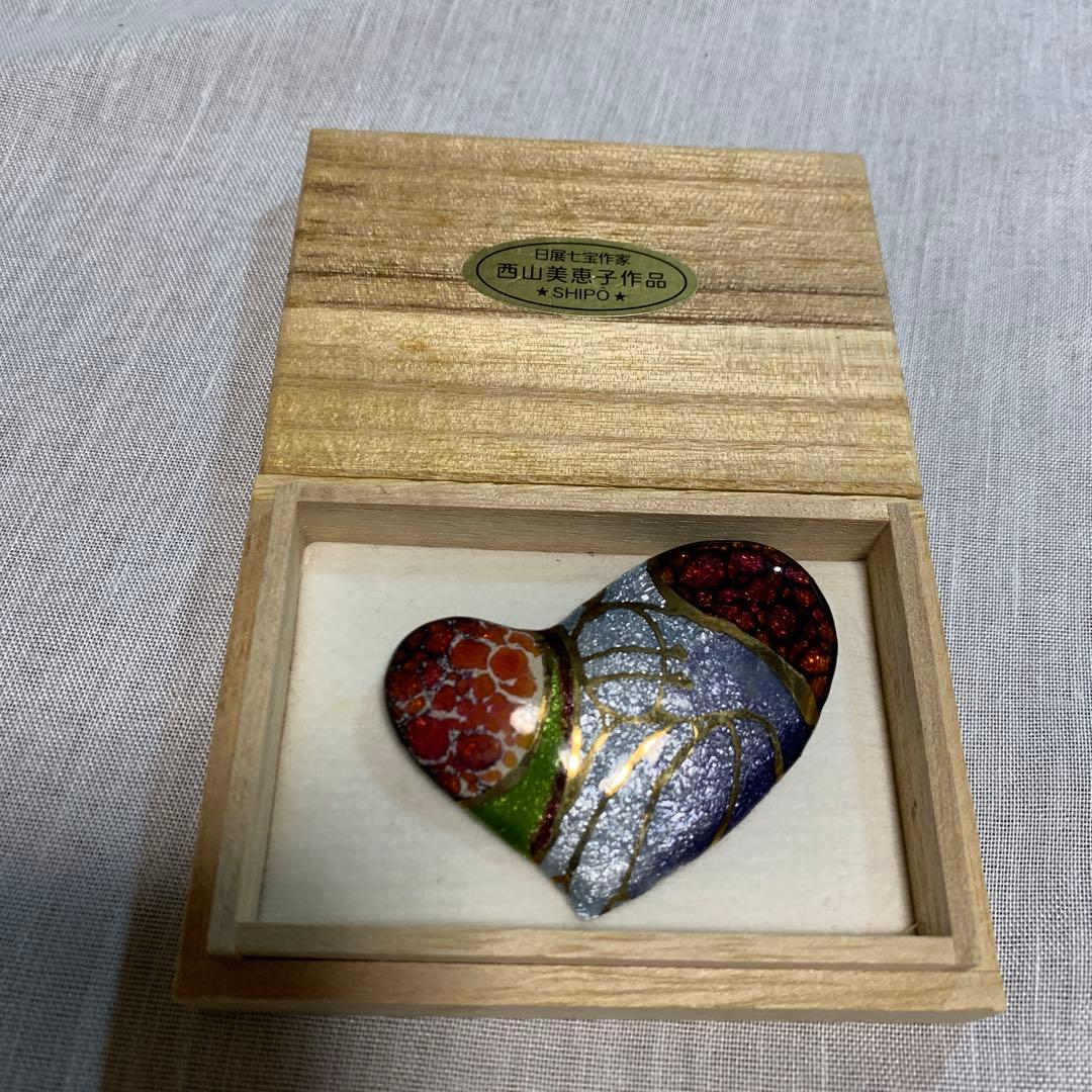 未使用◾️七宝焼ブローチ◾️日展作家 西山美恵子作　ハート型　木製箱付き