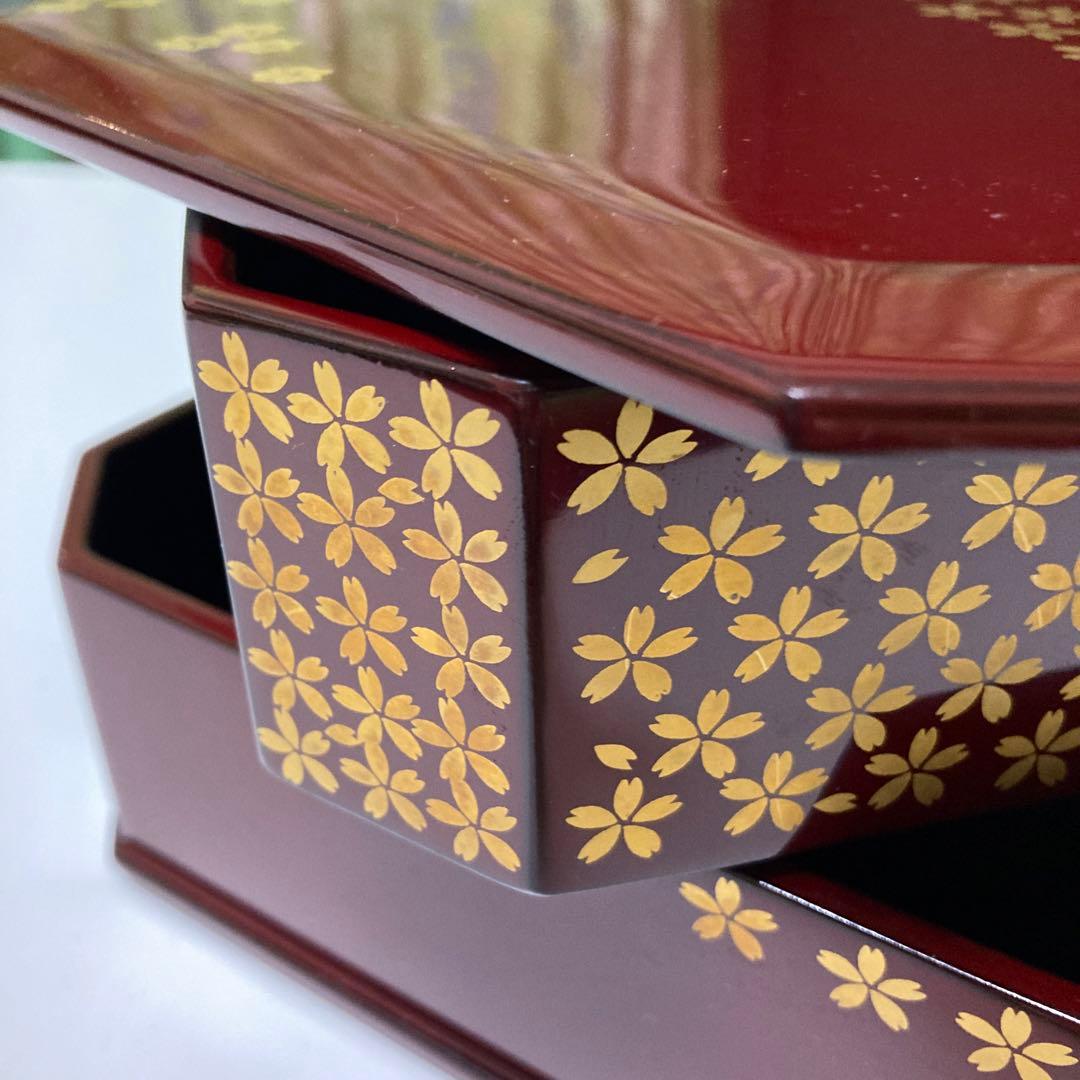 越前塗　桜　重箱　行楽弁当　朱色　二重　名品　昭和レトロ　漆器