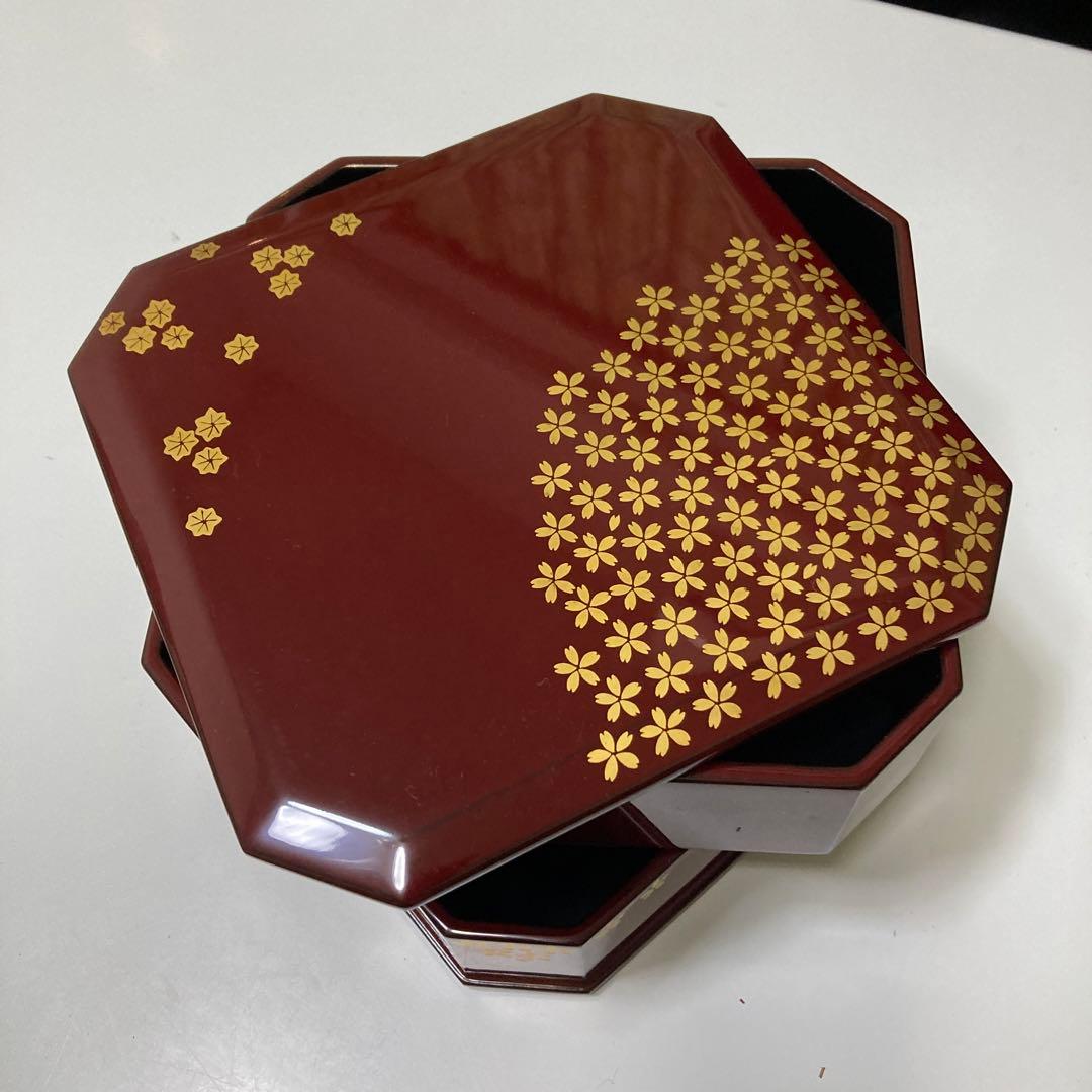越前塗　桜　重箱　行楽弁当　朱色　二重　名品　昭和レトロ　漆器