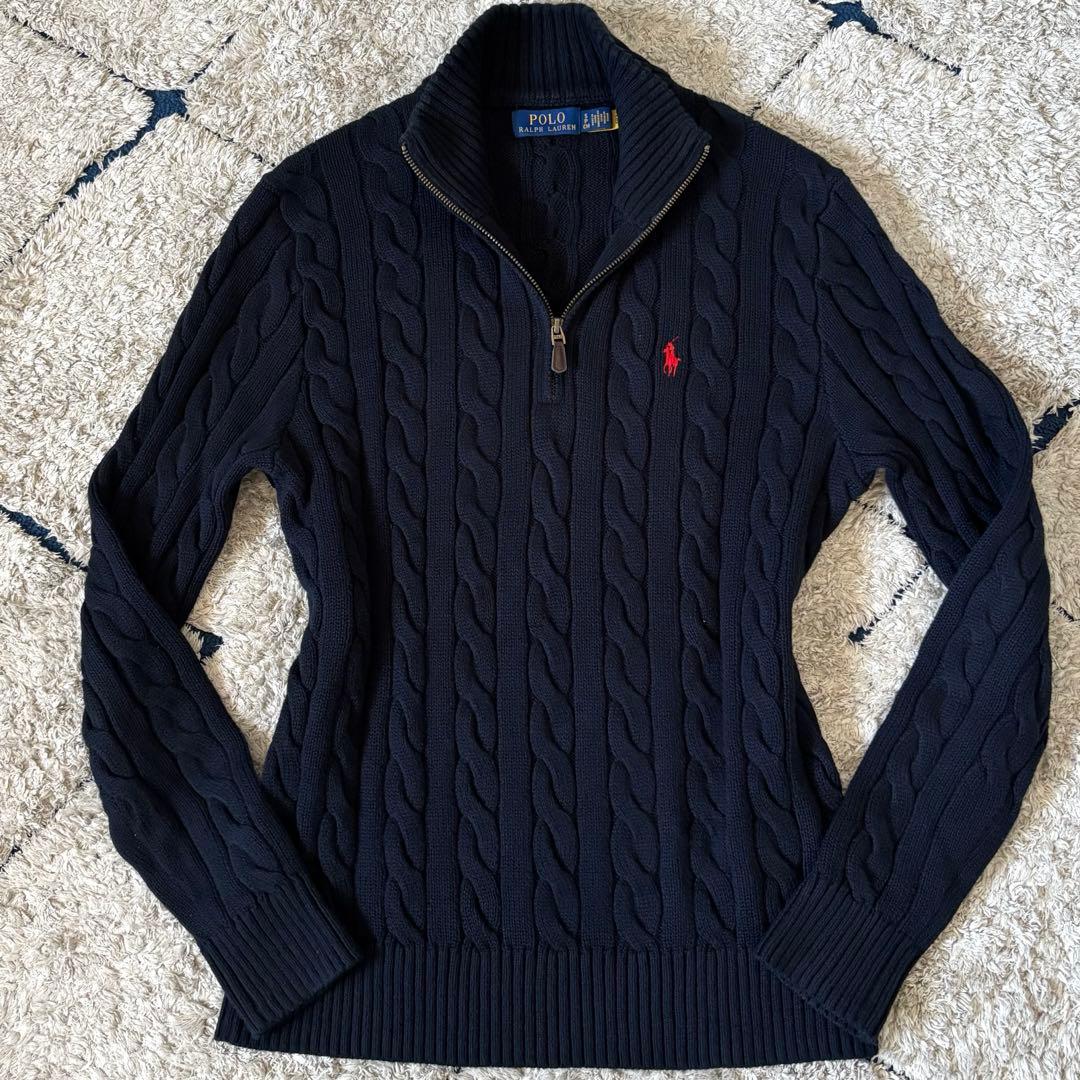 【希少✨】ポロラルフローレン　ケーブルニット　ハーフジップ　紺　大人気　刺繍　S