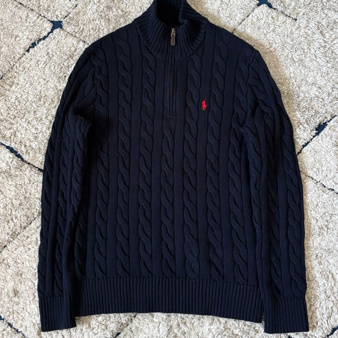 【希少✨】ポロラルフローレン　ケーブルニット　ハーフジップ　紺　大人気　刺繍　S