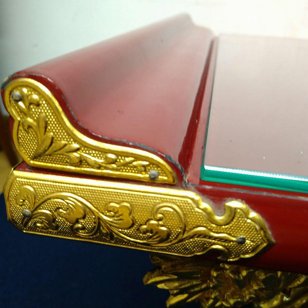 A729 経机 赤塗 朱塗 金箔鍍金 供物台 仏壇前机 木製 天板 ガラス付