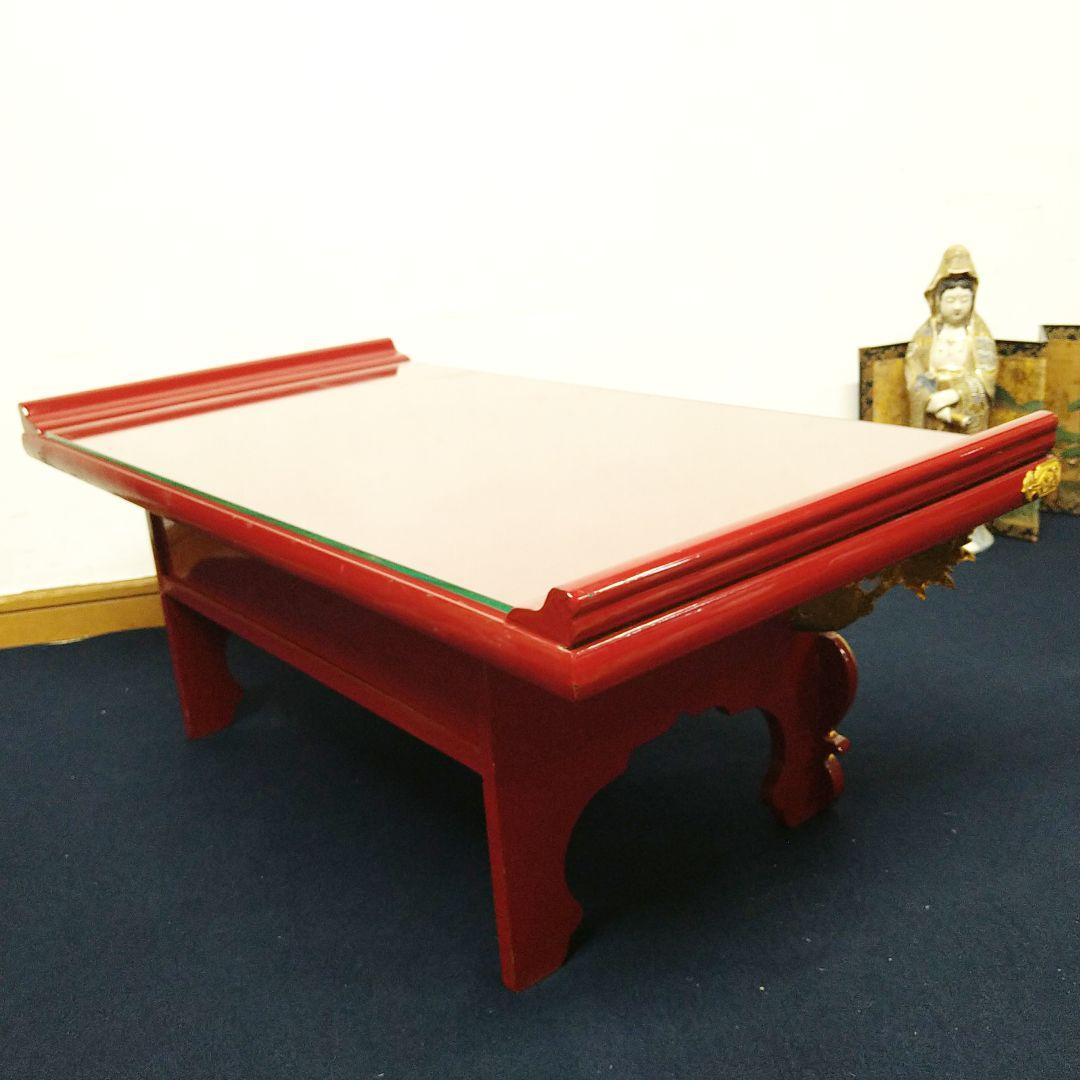 A729 経机 赤塗 朱塗 金箔鍍金 供物台 仏壇前机 木製 天板 ガラス付