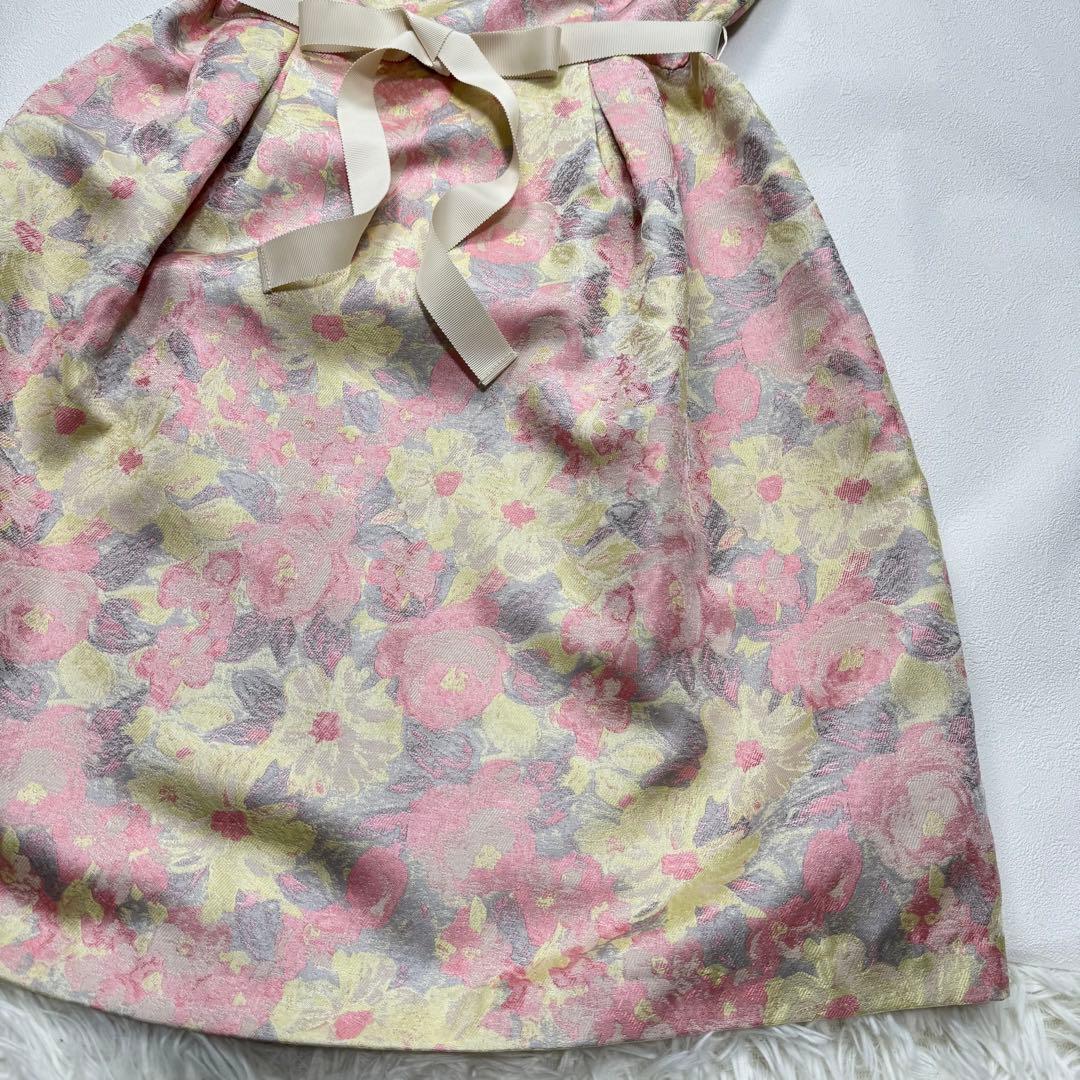 Super Beauty 花柄 ジャガード ドレス ワンピース ベルトリボン