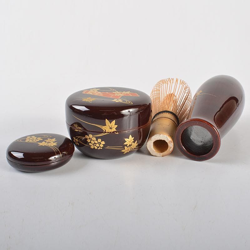 茶道具　溜塗　花筏蒔絵　茶箱　茶碗　棗など　八点　一式　V　R7073
